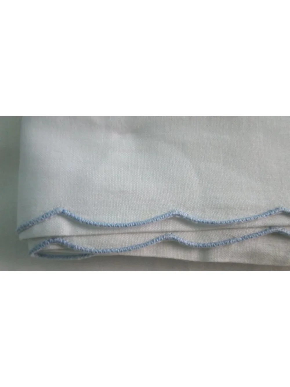 Hand Embroidered White Std Pillowcase Pair Blue Floral Design Scalloped Edges Ne